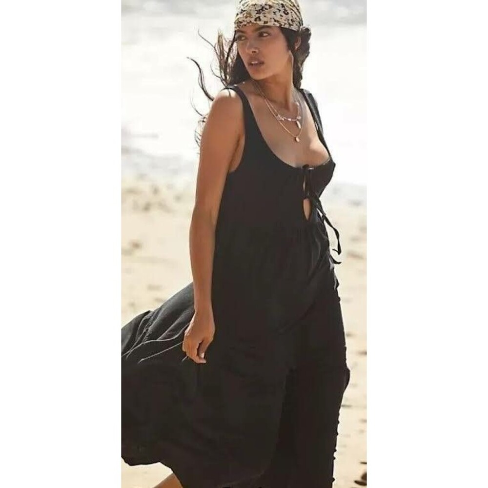 Free People Beach Georgia Maxi Dress In Black Tiered Pockets Women's Sz Large